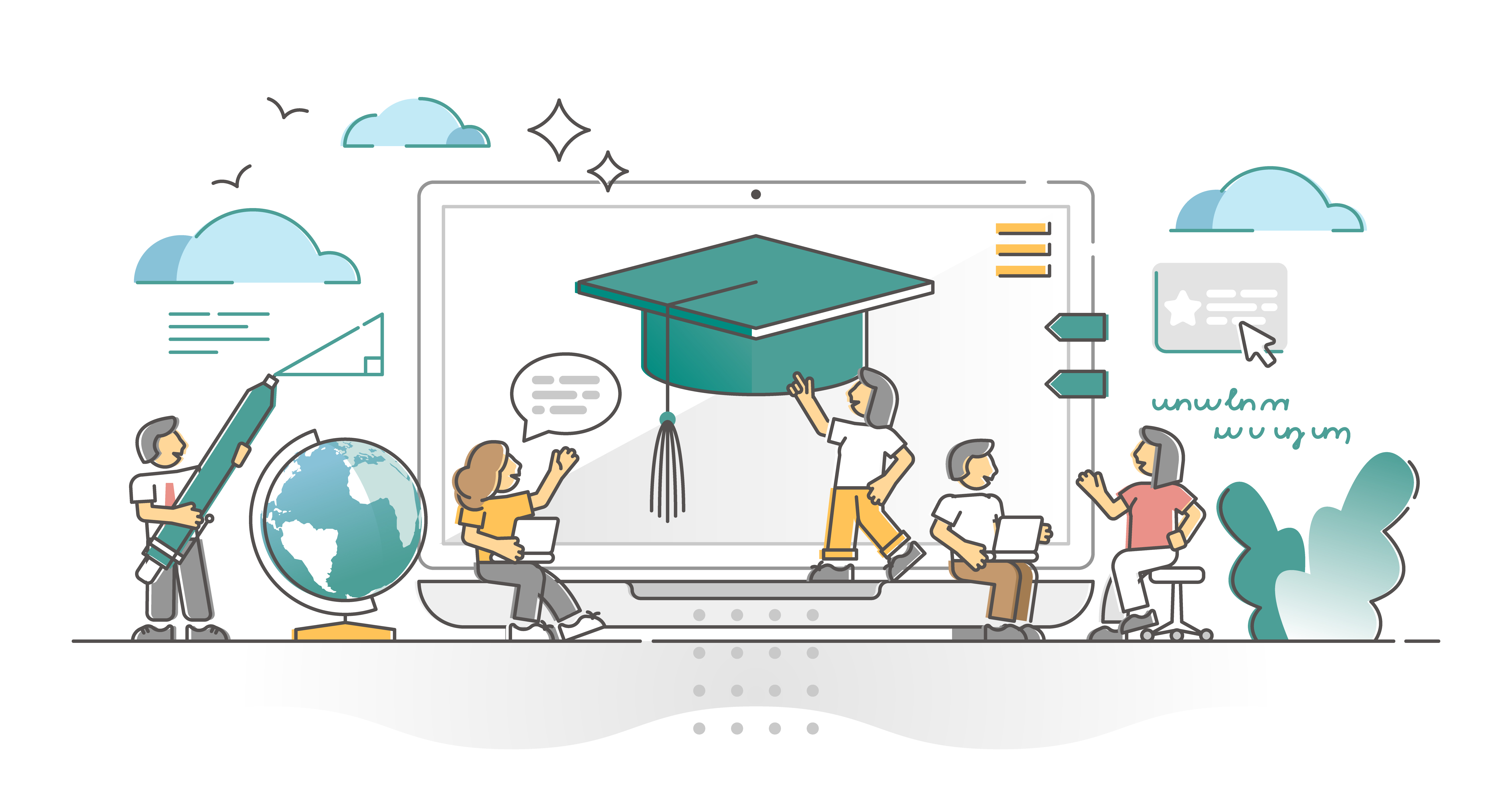 Online learning as education study using digital platform for e-learning outline concept. Students with teacher in videocall lesson as distance training and knowledge development vector illustration.